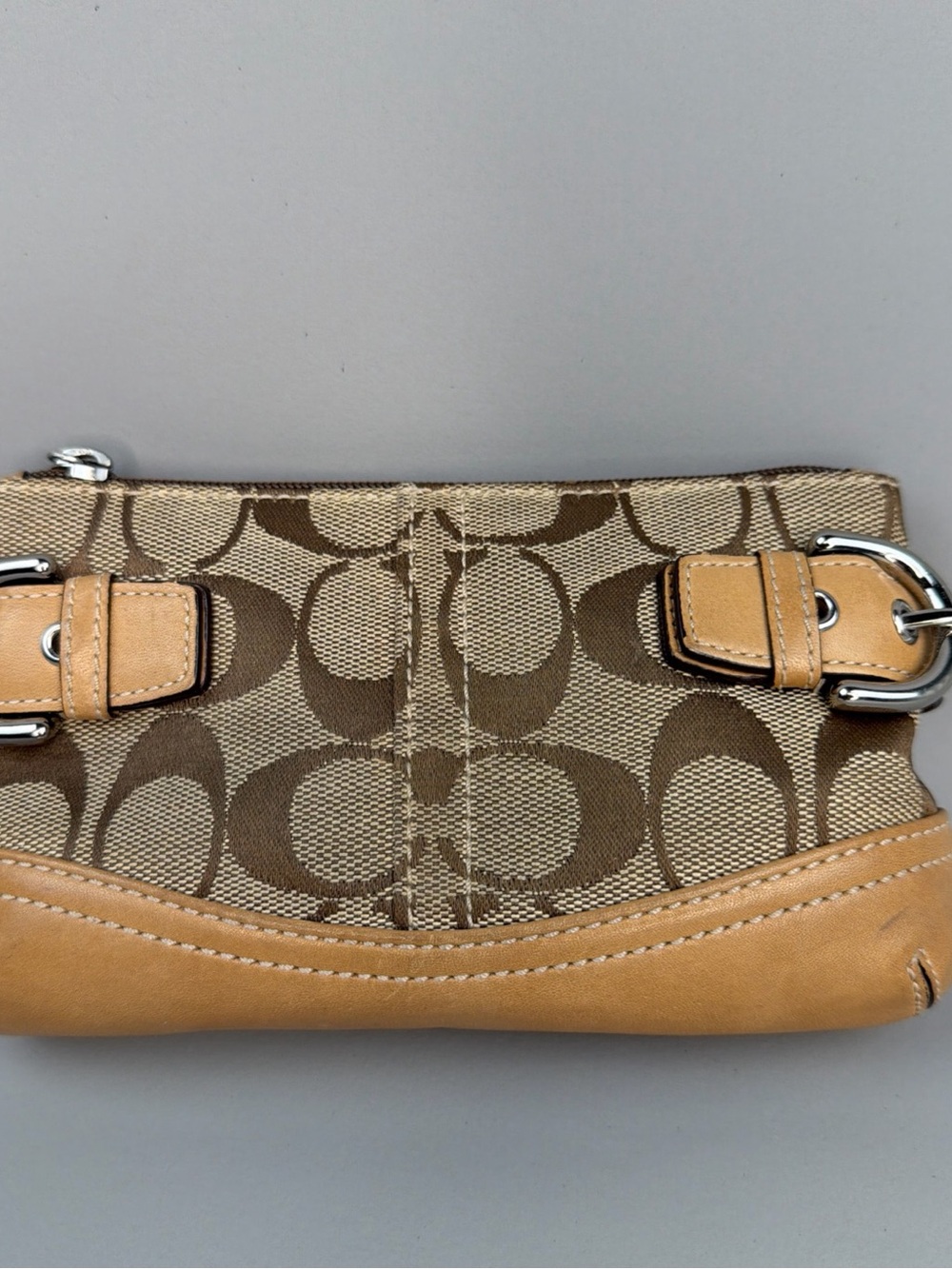 Coach Clutch Signature Logo Wristlet with Leather Trim Brown